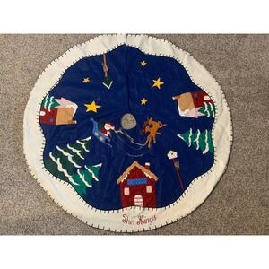 48" VTG Handmade SANTA SLEIGH REINDEER Scene CHRISTMAS TREE SKIRT Lilian Vernon